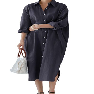 chouyatou Women's Casual Long Sleeve Button Down Maxi Shirt Dress Spring Summer Tunic Dress (X-Large, Navy Blue)