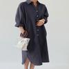 chouyatou Women's Casual Long Sleeve Button Down Maxi Shirt Dress Spring Summer Tunic Dress (X-Large, Navy Blue) view 3