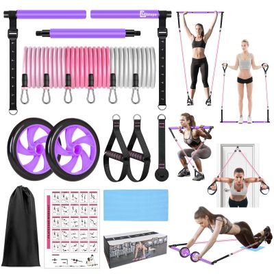BBTOPS Pilates Bar Kit with Resistance Bands, Pilates Equipment Exercise Bar with Ab Roller for Abs Workout, Portable Home Gym Yoga Fitness Bar for Women & Men (Purple)