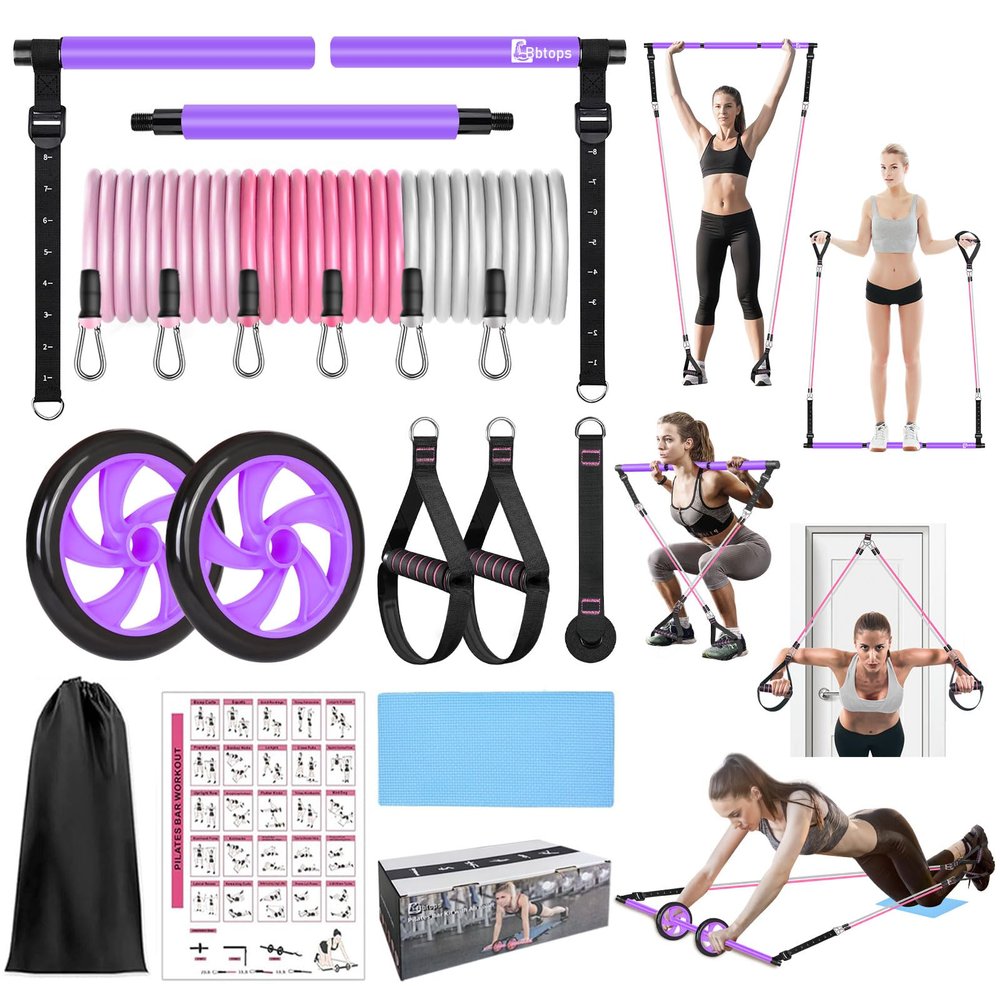 BBTOPS Pilates Bar Kit with Resistance Bands, Pilates Equipment Exercise Bar with Ab Roller for Abs Workout, Portable Home Gym Yoga Fitness Bar for Women & Men (Purple)