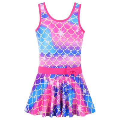 Girls Swimsuit One Piece UPF 50+ Floral Skirted Bathing Suit Modest Beach Swim Dress S472_HotPinkScale_104/110