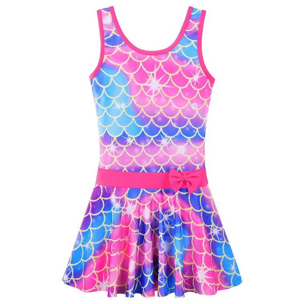 Girls Swimsuit One Piece UPF 50+ Floral Skirted Bathing Suit Modest Beach Swim Dress S472_HotPinkScale_104/110
