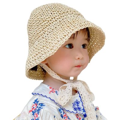 Kids Baby Girls Lace Straw Sun Hat Foldable Wide Brim Bowknot Summer Hat Floppy Outdoor Beach Sun Protection Hat 3-10 Years