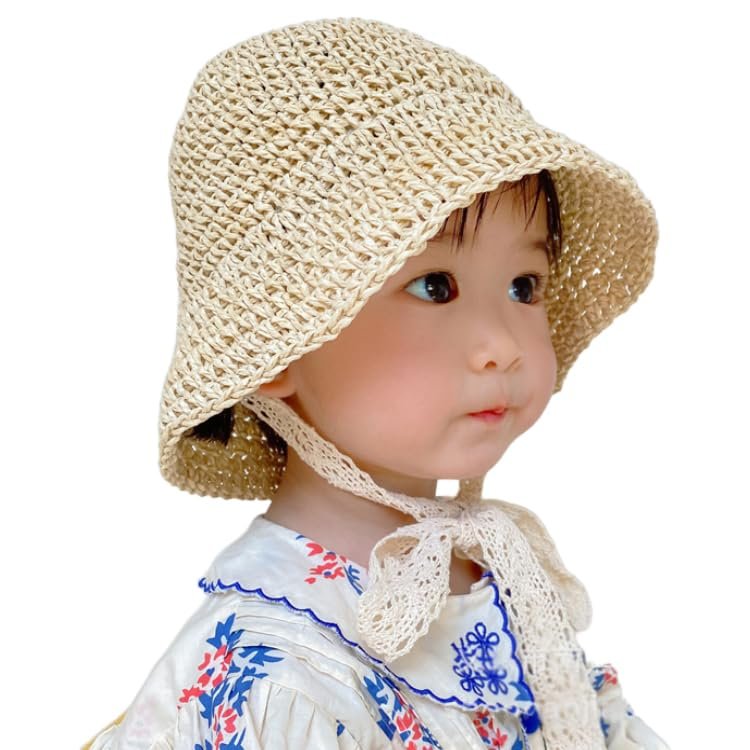 Kids Baby Girls Lace Straw Sun Hat Foldable Wide Brim Bowknot Summer Hat Floppy Outdoor Beach Sun Protection Hat 3-10 Years