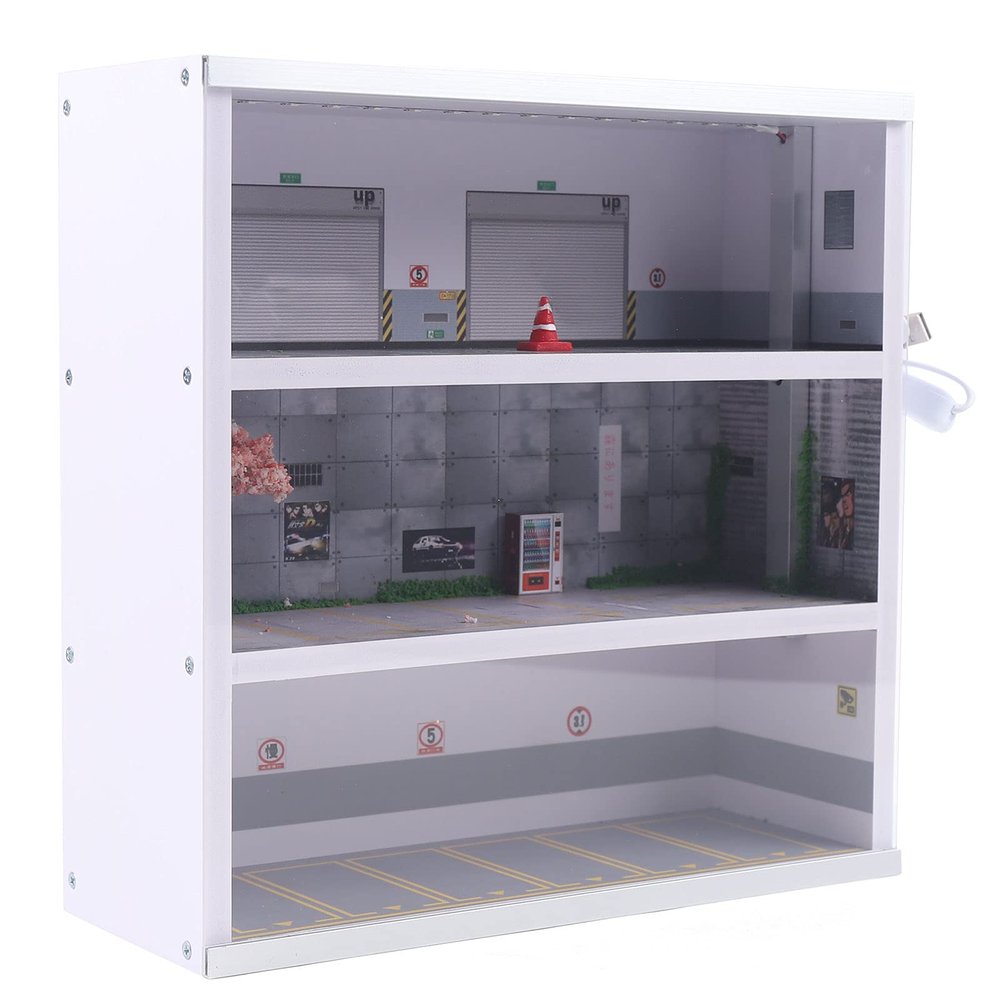 Ageanbri Mini Car Garage Display Cabinet for 16 Hot Wheels Cars, Mini Garage Model Car Display Case 1/64 Scale Toy Cars Storage Organizer with Clear Acrylic Cover and LED Lighting (16 Parking Spaces)