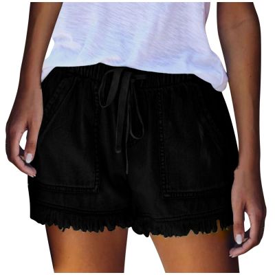 Dademeo Denim Shorts for Women Fashion Frayed Summer Casual Shorts Elastic Waist Distressed Fringed Drawstring Jean Shorts