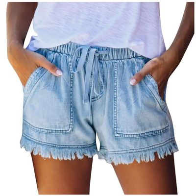 2024 Denim Shorts for Women Fashion Frayed Summer Casual Shorts Elastic Waist Distressed Fringed Drawstring Jean Shorts