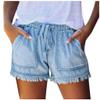 2024 Denim Shorts for Women Fashion Frayed Summer Casual Shorts Elastic Waist Distressed Fringed Drawstring Jean Shorts view 1