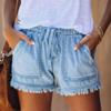2024 Denim Shorts for Women Fashion Frayed Summer Casual Shorts Elastic Waist Distressed Fringed Drawstring Jean Shorts view 2
