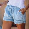 2024 Denim Shorts for Women Fashion Frayed Summer Casual Shorts Elastic Waist Distressed Fringed Drawstring Jean Shorts view 3