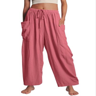 Flygo Women's Wide Leg Pants Summer Casual Loose Fit Beach Palazzo Harem Pants with Pockets(Pink-XL)