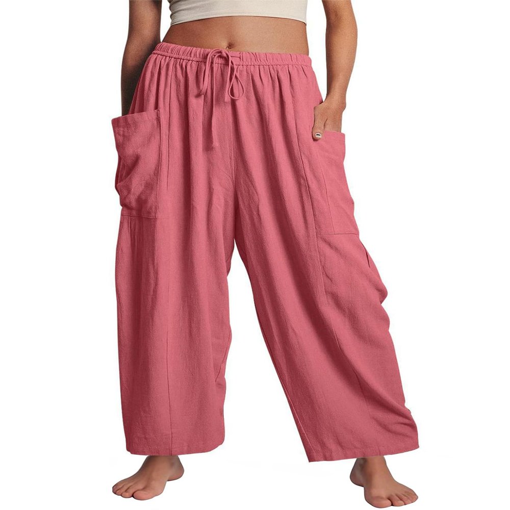 Flygo Women's Wide Leg Pants Summer Casual Loose Fit Beach Palazzo Harem Pants with Pockets(Pink-XL)