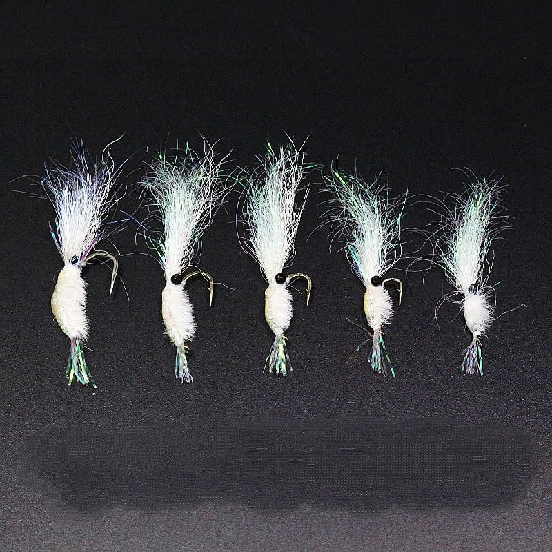YJIUYUANQ Fly Tying Fly Fishing White Ice Wing Shrimp Fly Fishing Accessory Saltwater Freshwater Fishing Hook,5 Size,5PCs