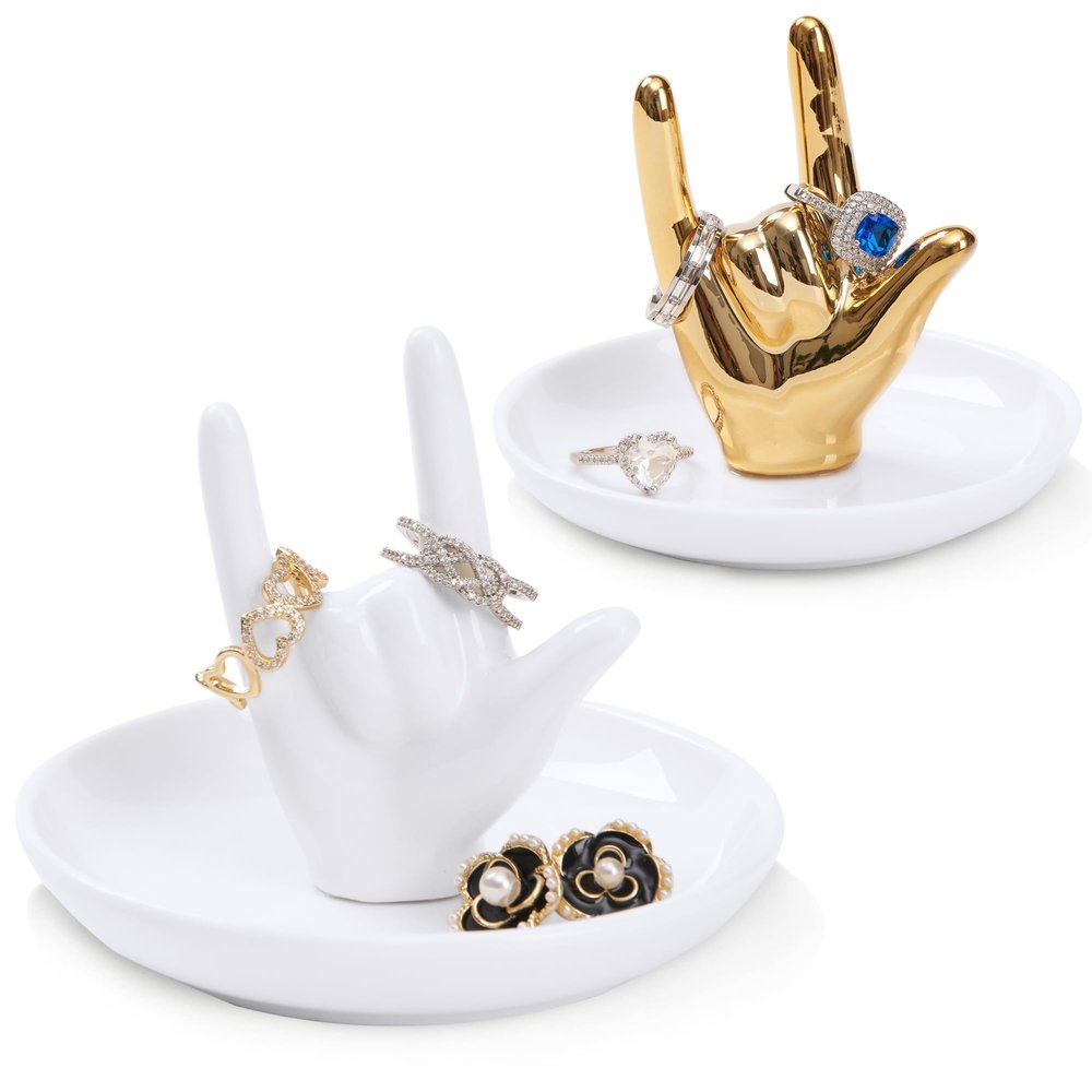 Piudee Set of 2 Hand Ring Holder, I Love You Hand Shape Jewelry Dish for Wedding Engagement, Trinket Tray Gifts for Women Her Birthday Christmas Valentines