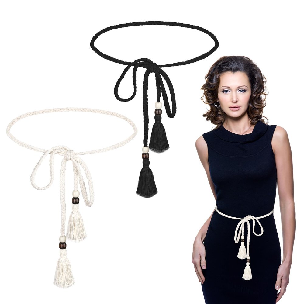 2 Pieces Braided Knotted Waist Belt, Womens Dress Belt Thin Knotted Chain Tie Belt Decorative Boho Belt Trendy Waistband with Tassel Fringe Wrap Cloth Rope Belts for Women Girls Dresses Skirt Pants