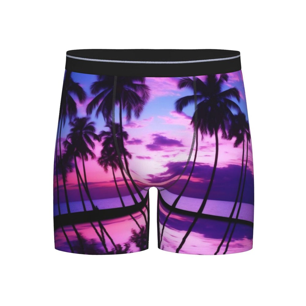 ZLYYXY Men'S Long Leg Boxers Brief Novelty Underwear Comfort Fit Moisture Wicking Breathable Palm Tree Purple Sunset