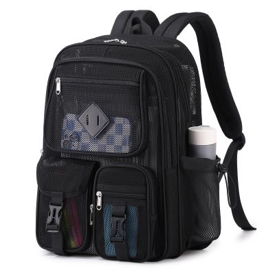 MOONBABY Mesh Backpack for School Heavy Duty See Through Net Bookbag Girls Boys Semi-Transparent Net Back Pack for Beach, Swimming, Sports, Work, Travel (Black)
