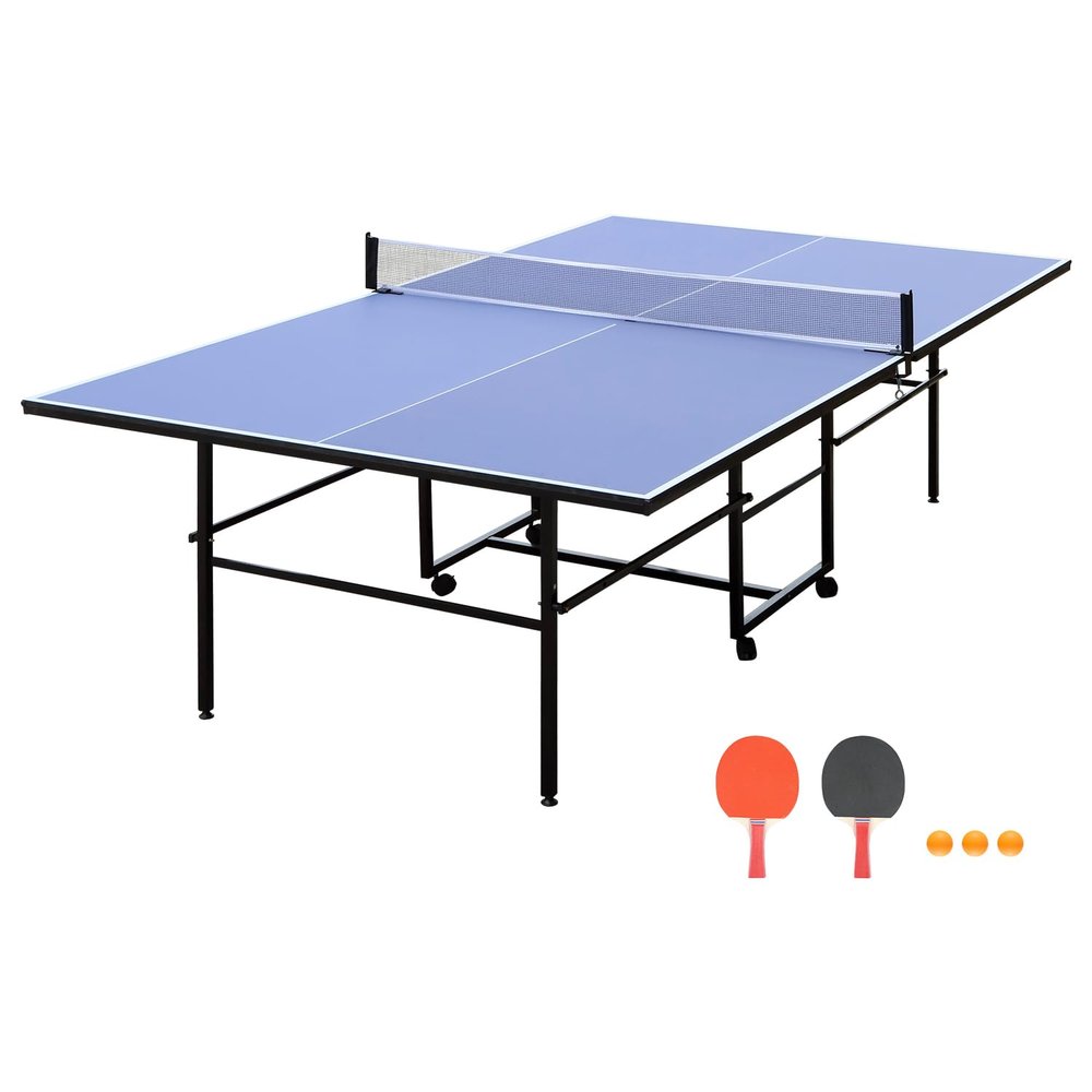 Table Tennis Table 9ft Mid-Size Foldable & Portable Ping Pong Table Set for Indoor & Outdoor Games with Net, 2 Table Tennis Paddles and 3 Balls