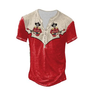 NineFit Basics Retro Western Skull Cowboy Playing Guitar T-Shirt Retro Western Skull Cowboy Print Button V Neck Vest Rock Shirt Fun Graphic Tank Top V Neck Tee Shirts, Small, Red