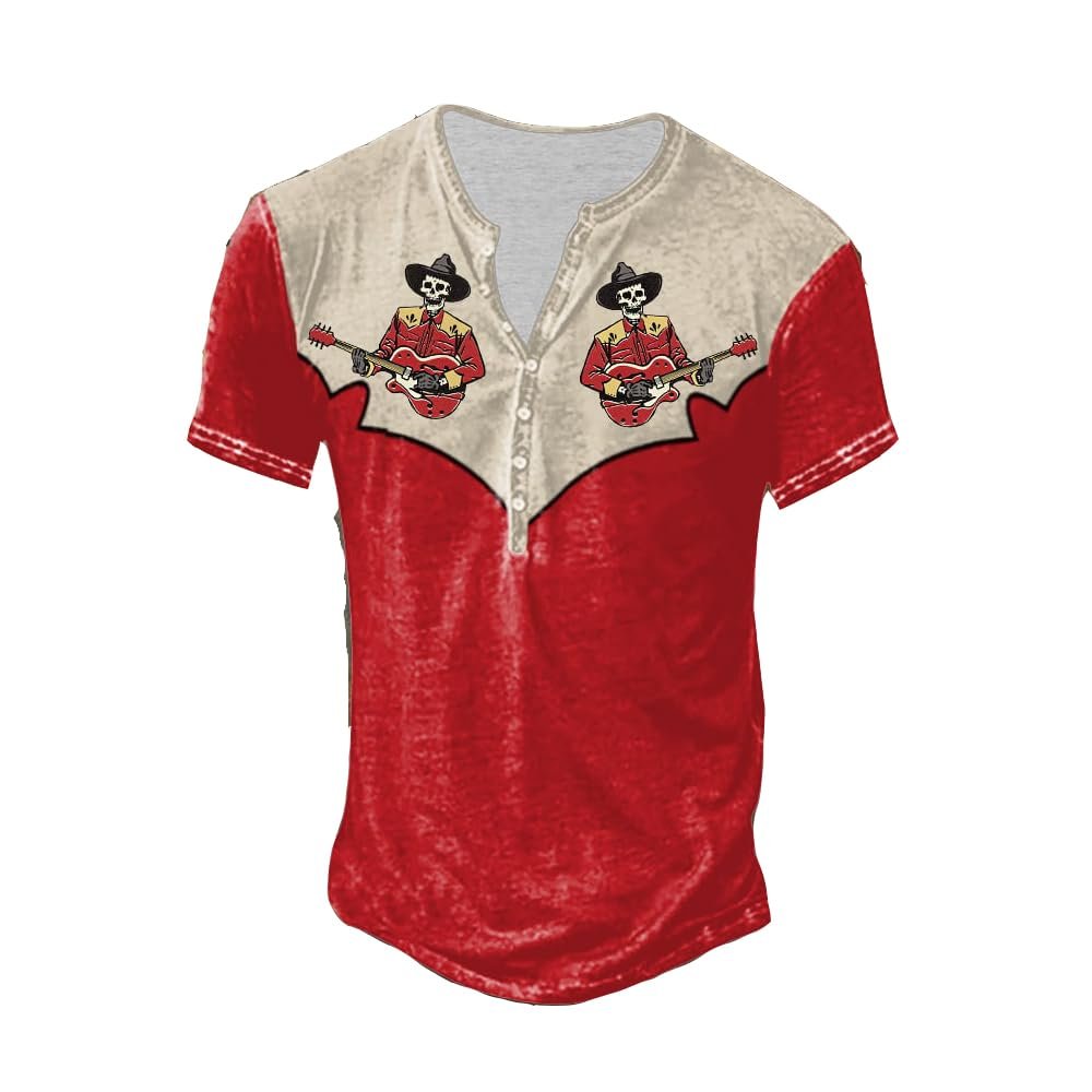 NineFit Basics Retro Western Skull Cowboy Playing Guitar T-Shirt Retro Western Skull Cowboy Print Button V Neck Vest Rock Shirt Fun Graphic Tank Top V Neck Tee Shirts, Small, Red