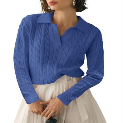 Micoson Sweater for Women Dressy Casual Fall Tops 2024 Collared V Neck Long Sleeve Pullover Sweater Knit Jumper (Blue,M)