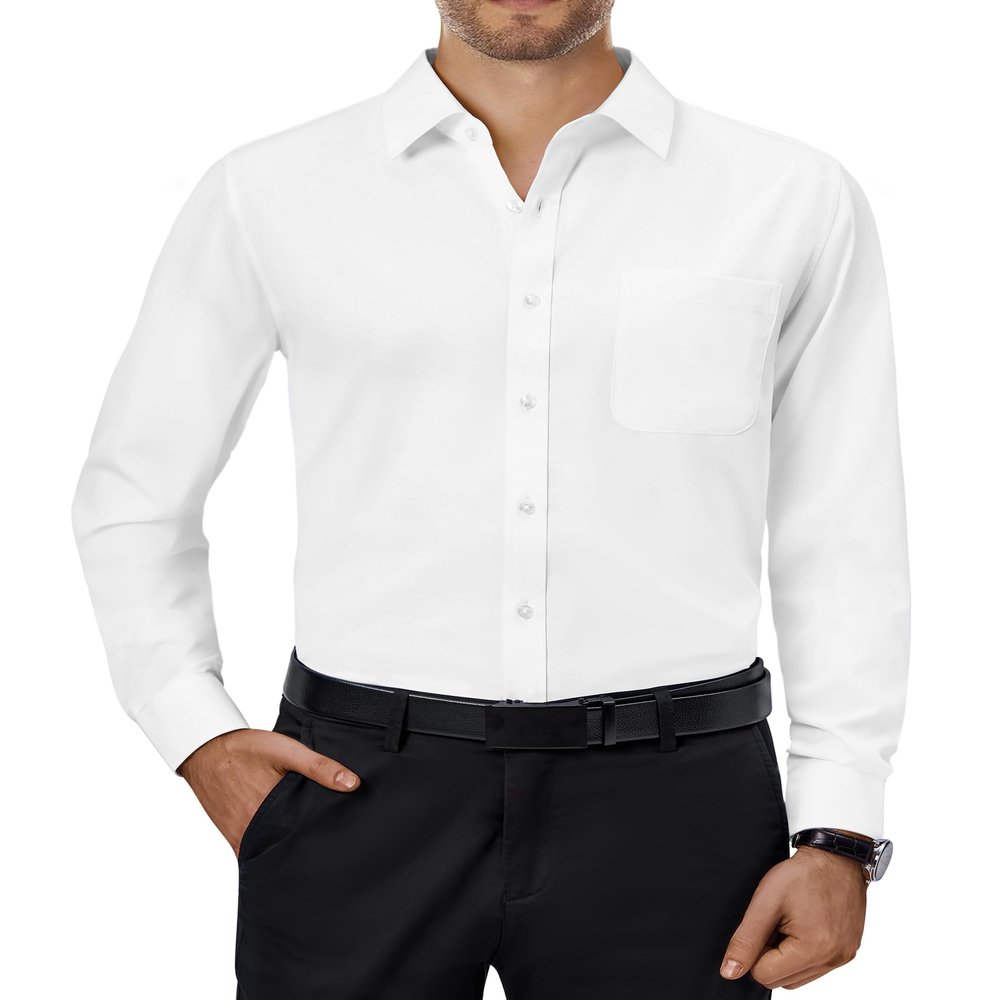 Alimens & Gentle Mens Dress Shirts 4-Way Stretch Long Sleeve Collared Casual Solid Wedding Dating Button Down Shirt Ivory