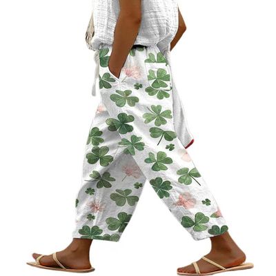 chouyatou Women's Vintage Floral Print High Elastic Waist Wide Leg Capri Beach Palazzo Pants with Pockets (XX-Large, Floral White)