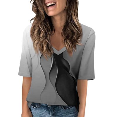 GAANBODI Half Sleeve Tops for Women Womens Casual V Neck Floral Printed Summer Shirts Loose Fit Elbow Length Sleeve Blouses 03-Gray Medium