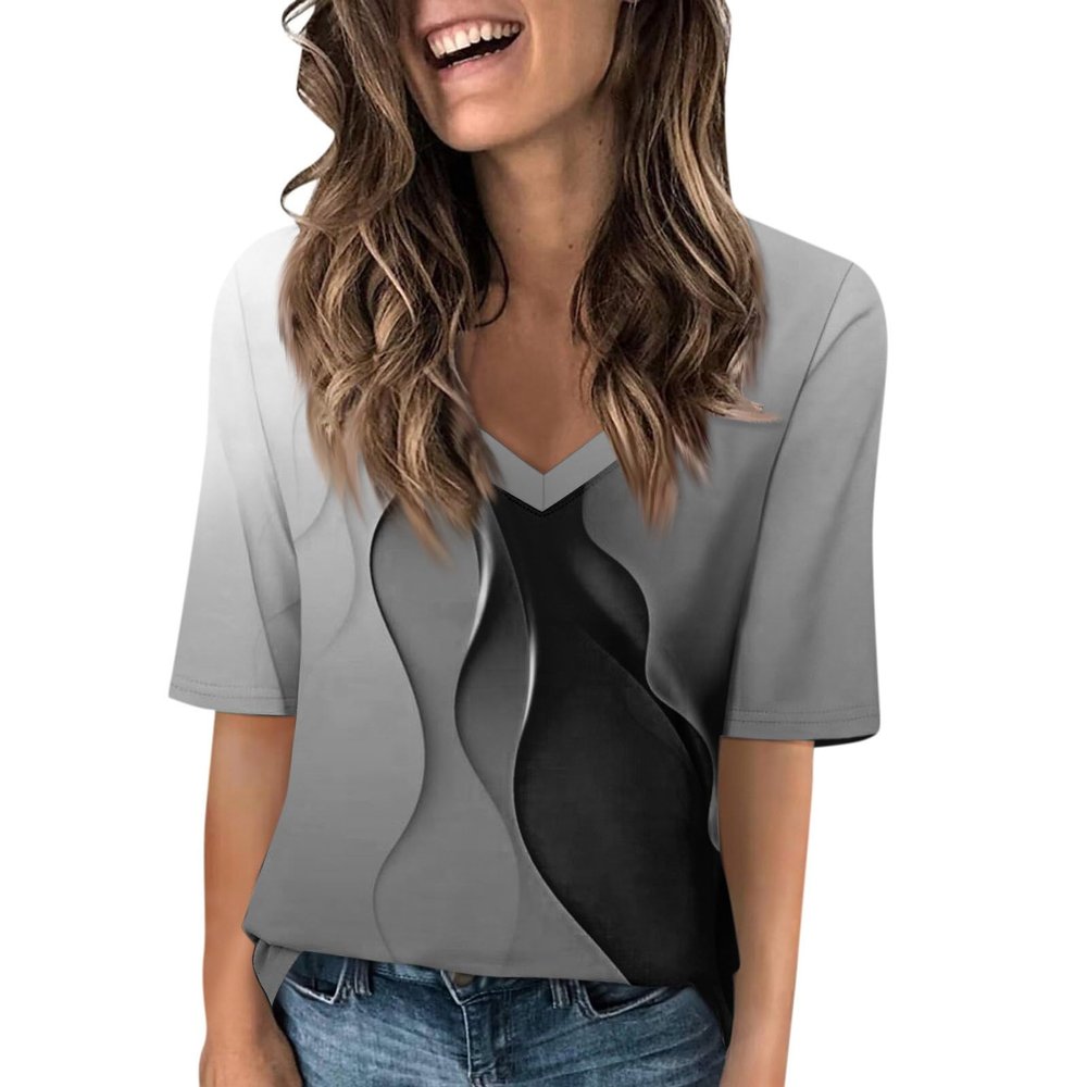 GAANBODI Half Sleeve Tops for Women Womens Casual V Neck Floral Printed Summer Shirts Loose Fit Elbow Length Sleeve Blouses 03-Gray Medium