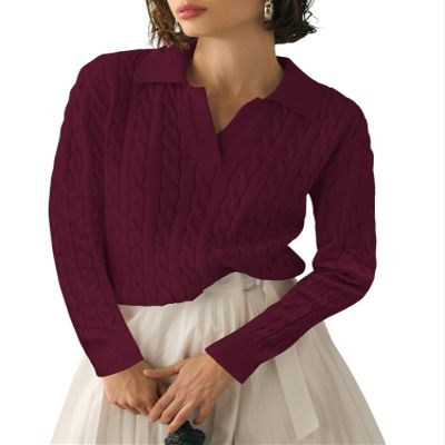 Micoson Women's Cable Long Sleeve Sweaters Fall Lapel Collar V Neck Knitted Pullover Casual Soft Jumper Top (Wine Red,XXL)