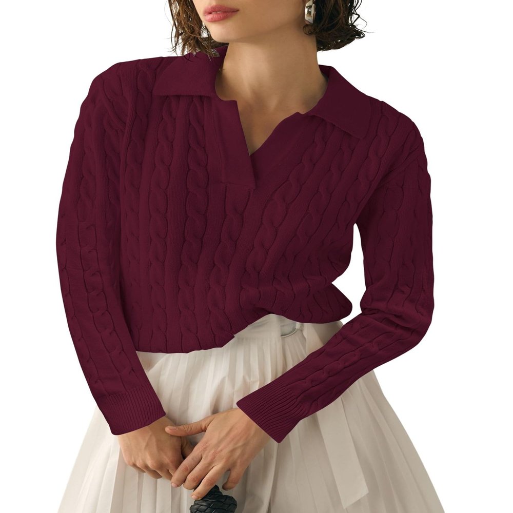 Micoson Women's Cable Long Sleeve Sweaters Fall Lapel Collar V Neck Knitted Pullover Casual Soft Jumper Top (Wine Red,XXL)
