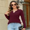 Micoson Women's Cable Long Sleeve Sweaters Fall Lapel Collar V Neck Knitted Pullover Casual Soft Jumper Top (Wine Red,XXL) view 3