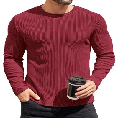 COOFANDY Thermal Shirts for Men Long Sleeve Shirts Casual Lightweight Pullover Sweaters Slim Fit Crewneck Christmas Sweatshirt Base Layer Fall Shirts Wine Red