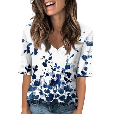GAANBODI Half Sleeve Tops for Women Womens Casual V Neck Floral Printed Summer Shirts Loose Fit Elbow Length Sleeve Blouses 04-Blue Large