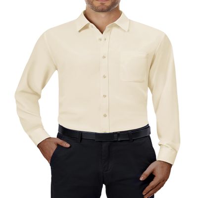 Alimens & Gentle Mens Dress Shirts 4-Way Stretch Long Sleeve Collared Casual Solid Wedding Dating Button Down Shirt Beige