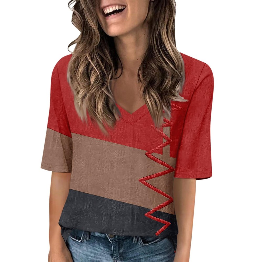 GAANBODI Half Sleeve Tops for Women Womens Casual V Neck Floral Printed Summer Shirts Loose Fit Elbow Length Sleeve Blouses 03-Red Small