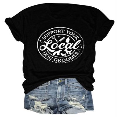 Dog Groomer Shirt, Pet Groomer Gifts, Women Funny Letter Print Dogs Graphic Tee Short Sleeve Novelty Tops Black