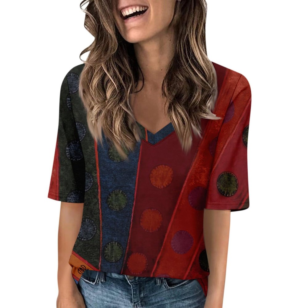 GAANBODI Half Sleeve Tops for Women Womens Casual V Neck Floral Printed Summer Shirts Loose Fit Elbow Length Sleeve Blouses 03-Wine Large