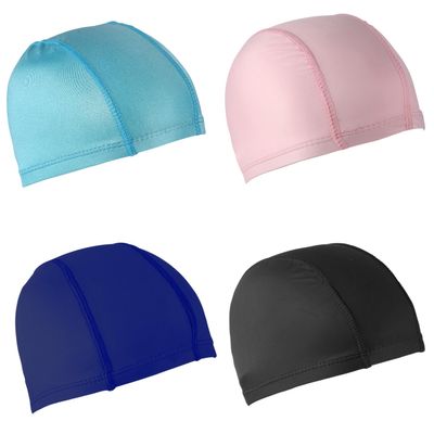 4pcs Elastic Swim Caps for Women Men Kids, Unisex Bathing Caps Anti-Slip Swimming Caps Swimming Pool Hat for Boys Girls Long & Short Hair (Black&Dark Blue&Pink&Blue)