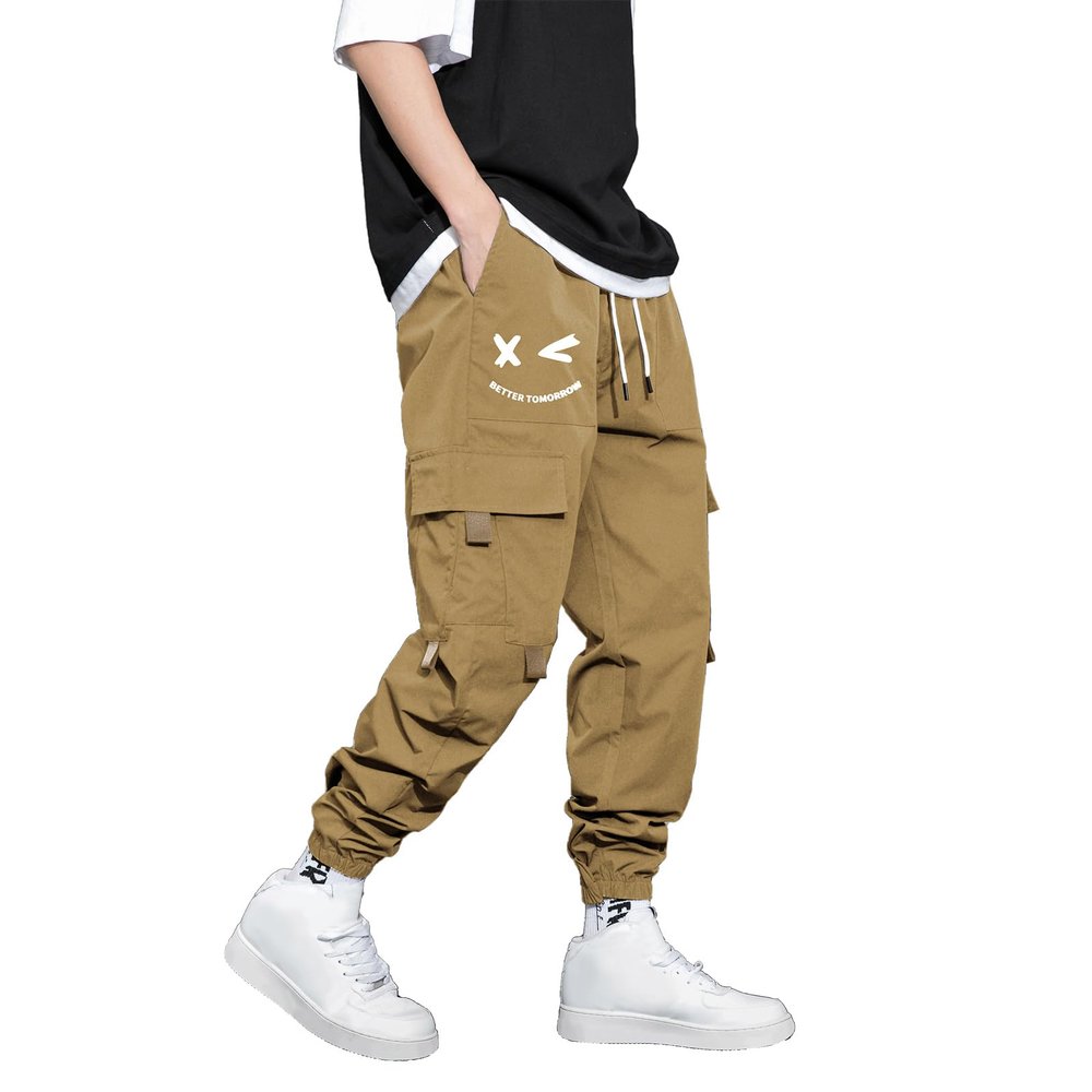 PAIKU FINSOO Men's Tactical Cargo Pants Casual Hip Hop Style Drawstring Multiple Pocket High Waisted Graphic Street Pants (US, Alpha, Large, Regular, Regular, Dark Khaki)