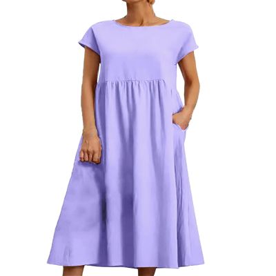 Geleglaer Light Purple Cotton Dresses for Womens Short Sleeve Maxi Dress Casual Flowy Pleated Summer Dresses with Pockets 2024