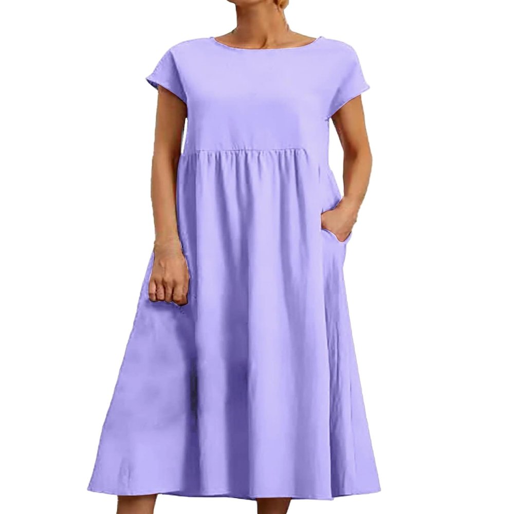Geleglaer Light Purple Cotton Dresses for Womens Short Sleeve Maxi Dress Casual Flowy Pleated Summer Dresses with Pockets 2024