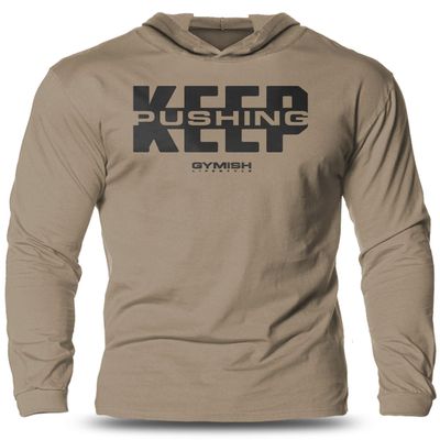 Gymish Lifestyle Keep Pushing Long Sleeve Gym Hooded Shirt Bodybuilder Workout T-shirt for Men (SM, Keep Pushing Khaki)