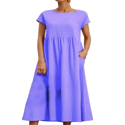 Cotton Dresses for Womens Summer Dresses Purple Short Sleeve Maxi Dress Loose Flowy Pleated with Pockets 2024