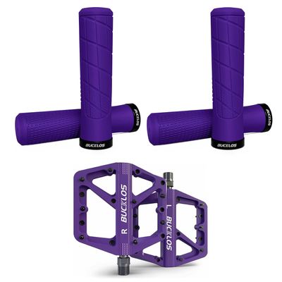 BUCKLOS Purple Single Lock on Mountain Bike Handlebar Grips Anti-Slip Handle Grip and Bike Pedals Flat MTB Pedals