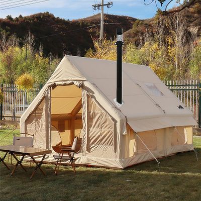 UNISTRENGH Waterproof Inflatable Camping Tent with Hand Pump, Air Glamping Tent, Easy Setup Blow&Pop Up Tent with Stove Jack Hole and Carry Bag (Beige_Cotton)