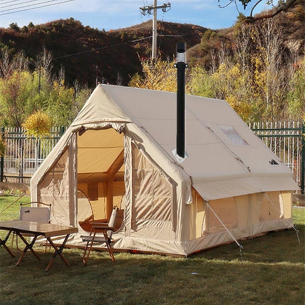 UNISTRENGH Waterproof Inflatable Camping Tent with Hand Pump, Air Glamping Tent, Easy Setup Blow&Pop Up Tent with Stove Jack Hole and Carry Bag (Beige_Cotton)