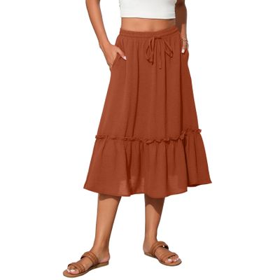 Witsmile Women's Skirts - Elastic Waist Pleated A-Line Midi Skirt Dress with Pockets for Women Dressy Casual(Orange,L)