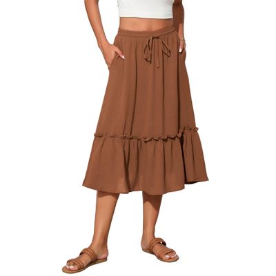 Witsmile Women's Skirts - Elastic Waist Pleated A-Line Midi Skirt Dress with Pockets for Women Dressy Casual(Olive Brown,L)