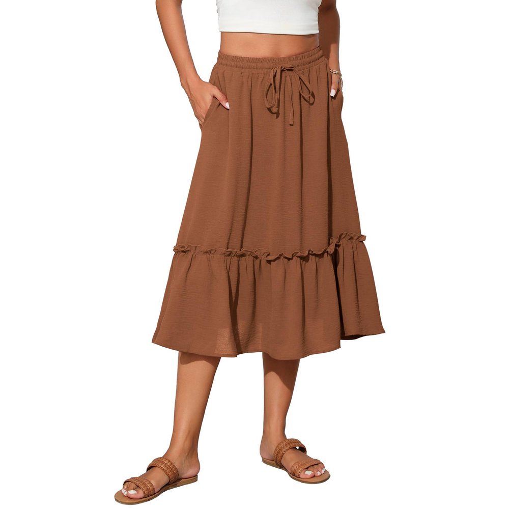 Witsmile Women's Skirts - Elastic Waist Pleated A-Line Midi Skirt Dress with Pockets for Women Dressy Casual(Olive Brown,L)